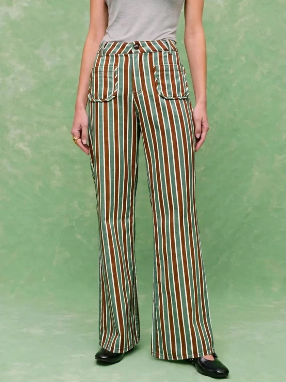 Green & Brown Striped Flare Denim Jeans with Front Pockets